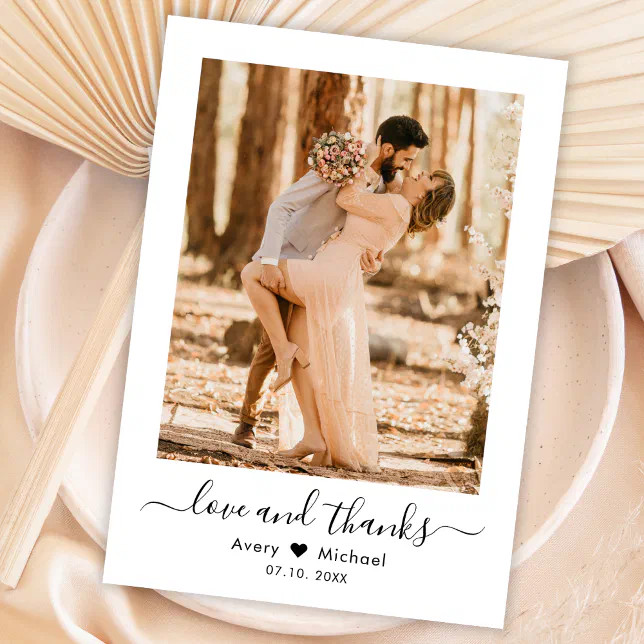 Minimalist Love and Thanks Script Photo Wedding Thank You Card | Zazzle