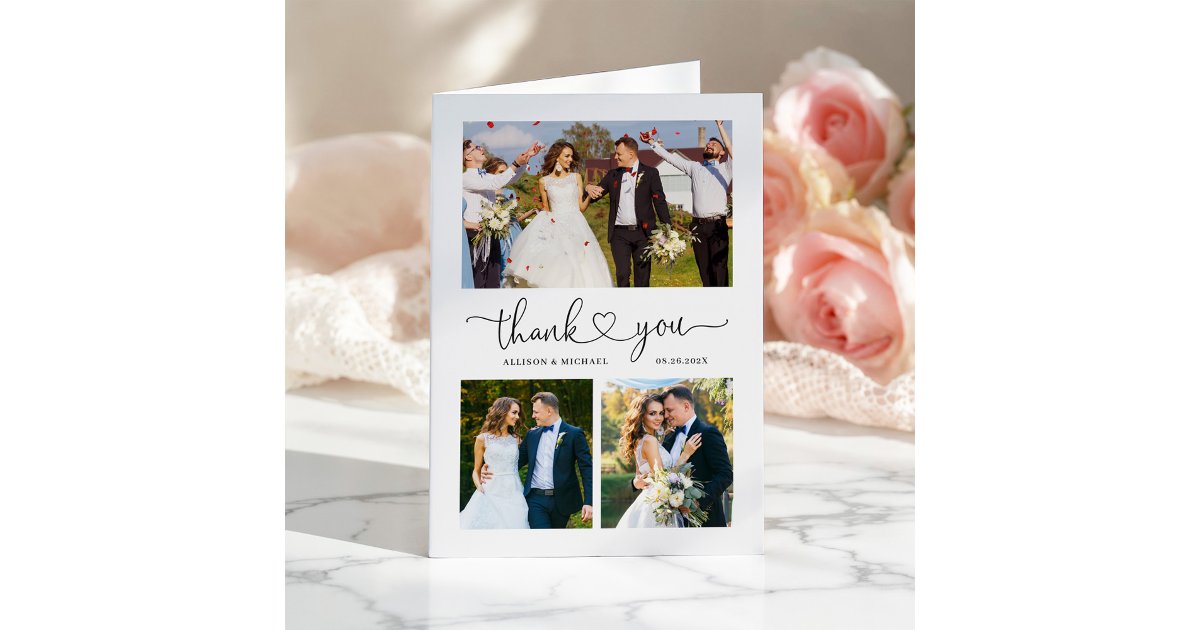 Minimalist Love Heart Script Folded Wedding Photo Thank You Card | Zazzle