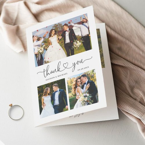 Minimalist Love Heart Script Folded Wedding Photo Thank You Card