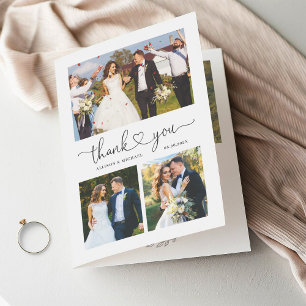 Minimalist Love Heart Script Folded Wedding Photo Thank You Card