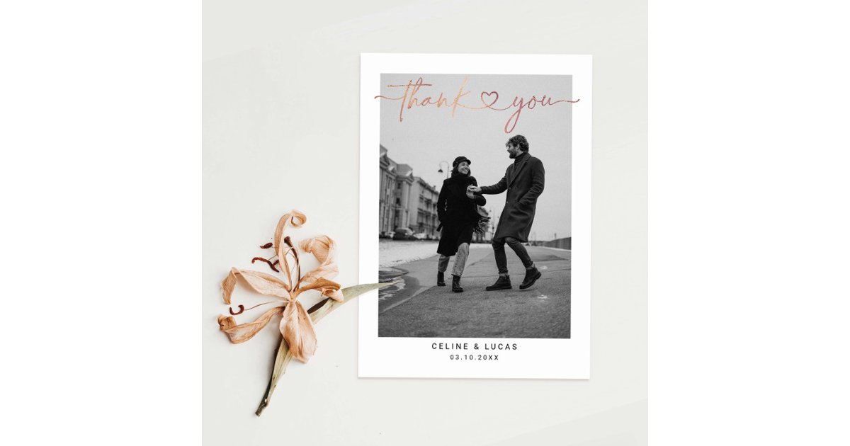 Minimalist Love Heart Script Wedding Photo Thank You Card | Zazzle