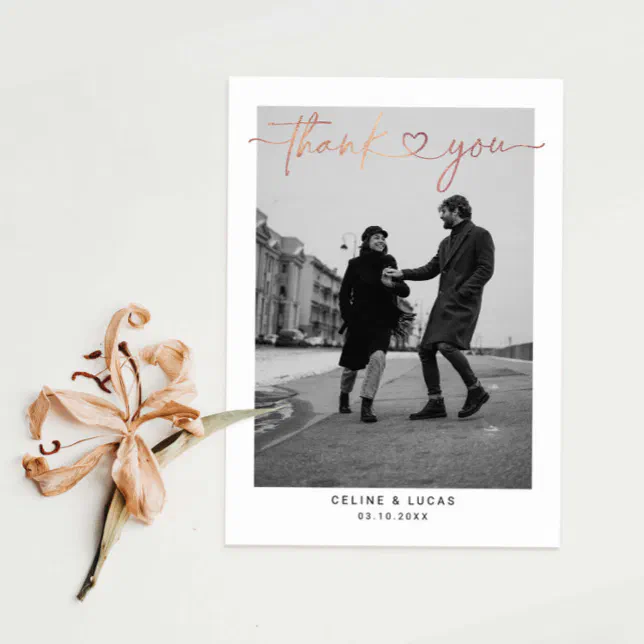 Minimalist Love Heart Script Wedding Photo Thank You Card | Zazzle
