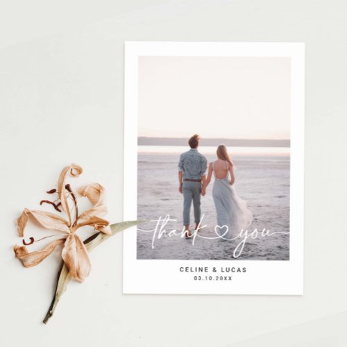 Minimalist Love Heart Script Wedding Photo Thank You Card