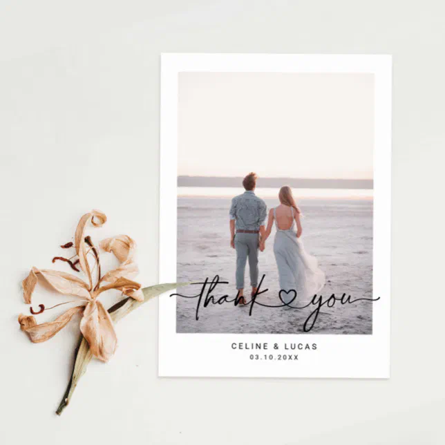 Minimalist Love Heart Script Wedding Photo Thank You Card | Zazzle