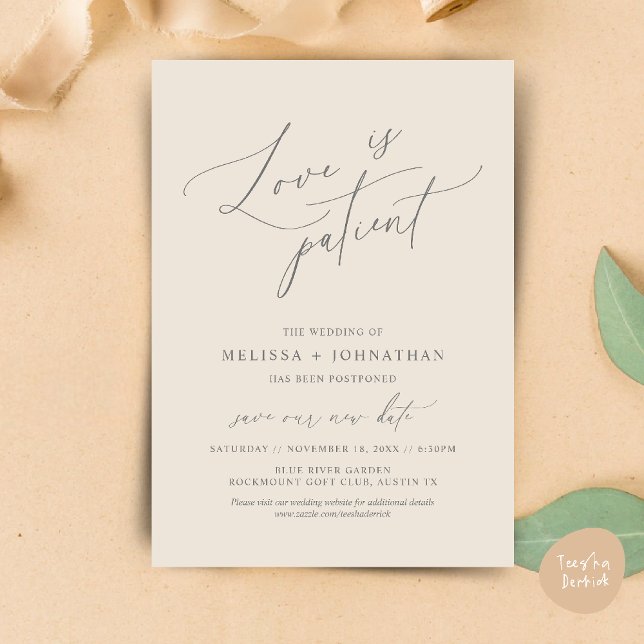 Minimalist, Love is patient, Change the date card (Love is patient, Change our new wedding date, postponed announcement card in cream grey)