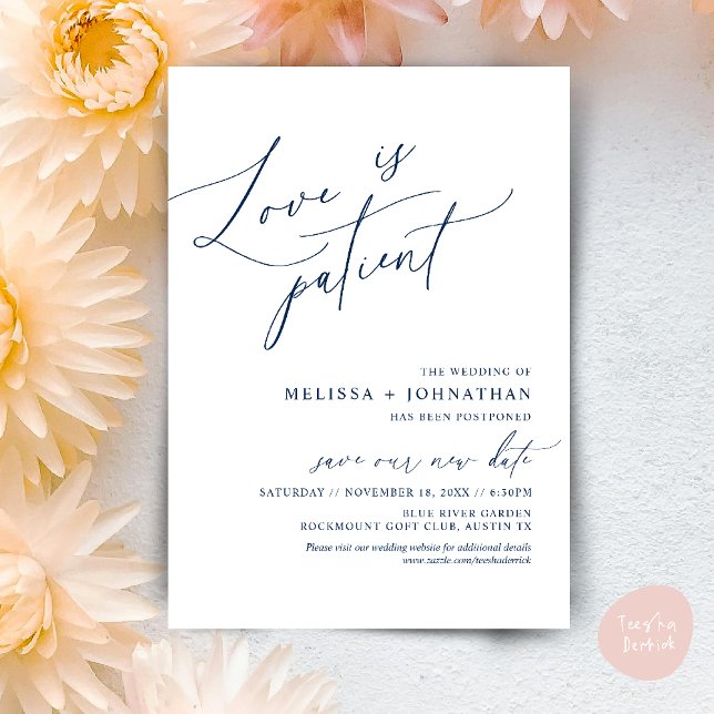 Minimalist, Love is patient, Change the date card (Minimalist, Love is patient, Romantic Wedding Change the new date card PDF in Navy Blue)
