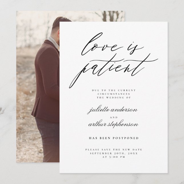 Minimalist Love Is Patient Wedding Postponement Invitation (Front/Back)