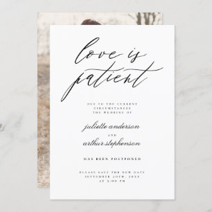 Minimalist Love Is Patient Wedding Postponement Invitation