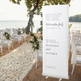 Minimalist Love never fails Bible Verse Wedding Retractable Banner