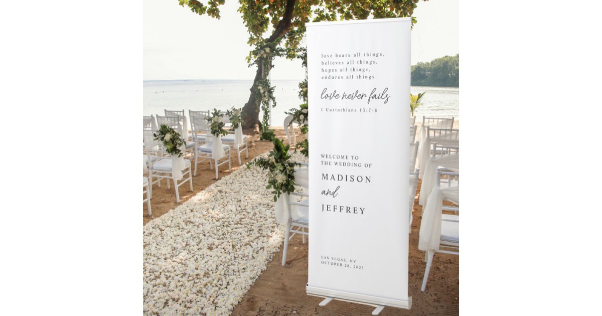 Minimalist Love never fails Bible Verse Wedding Retractable Banner | Zazzle