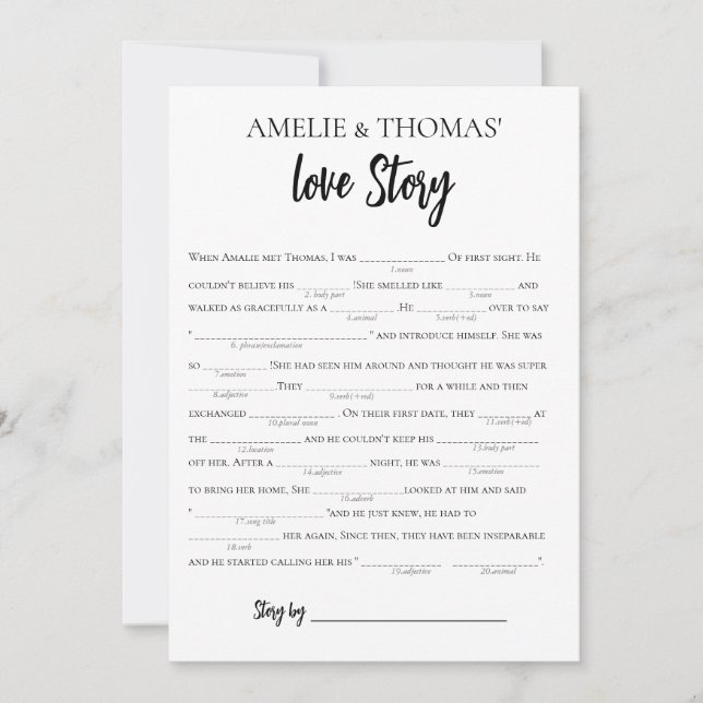 Minimalist Love Story Bridal Libs Game Card (Front)