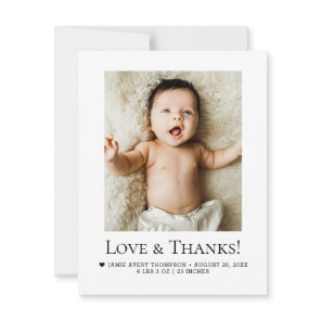 Minimalist Love & Thanks Baby Photo Birth Stats Thank You Card