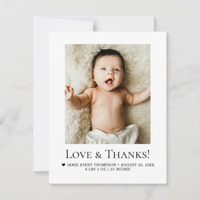 Minimalist Love & Thanks Baby Photo Birth Stats Thank You Card | Zazzle