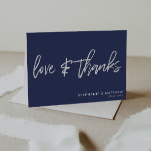 Minimalist Love & Thanks Handwritten Navy Blue Letterpress Thank You Card