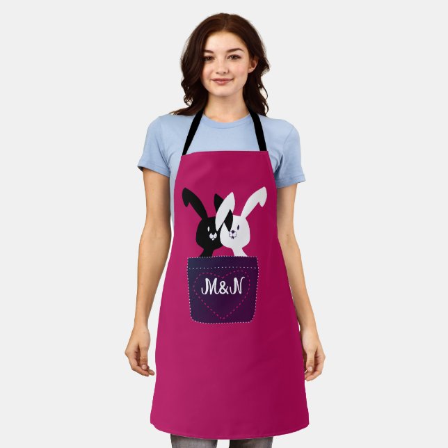 Minimalist Lovely Bunnies With Monogram Cartoonish Apron (Worn)