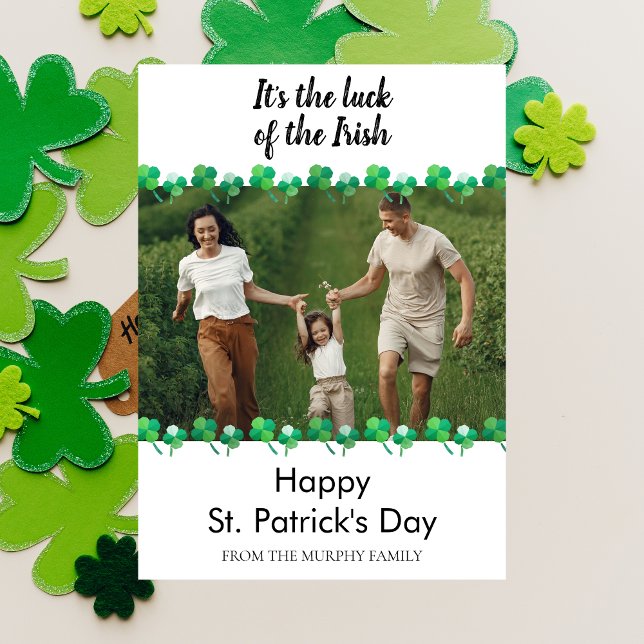 Minimalist lucky shamrock st. Patrick's Day Photo Holiday Card (Creator Uploaded)