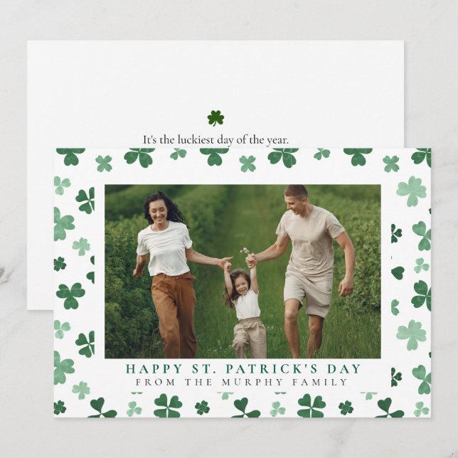 Minimalist lucky shamrock st. Patrick's Day Photo Holiday Card (Front/Back)