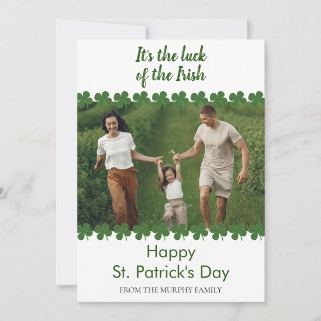 Minimalist lucky shamrock st. Patrick's Day Photo Holiday Card (Front)