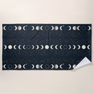 Minimalist Lunar Phases Pattern with Stars and Nig Beach Towel