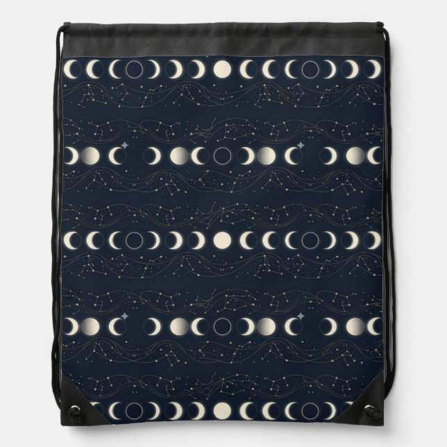 Minimalist Lunar Phases Pattern with Stars and Nig Drawstring Bag (Front)