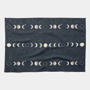 Minimalist Lunar Phases Pattern with Stars and Nig Kitchen Towel