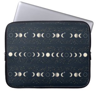 Minimalist Lunar Phases Pattern with Stars and Nig Laptop Sleeve