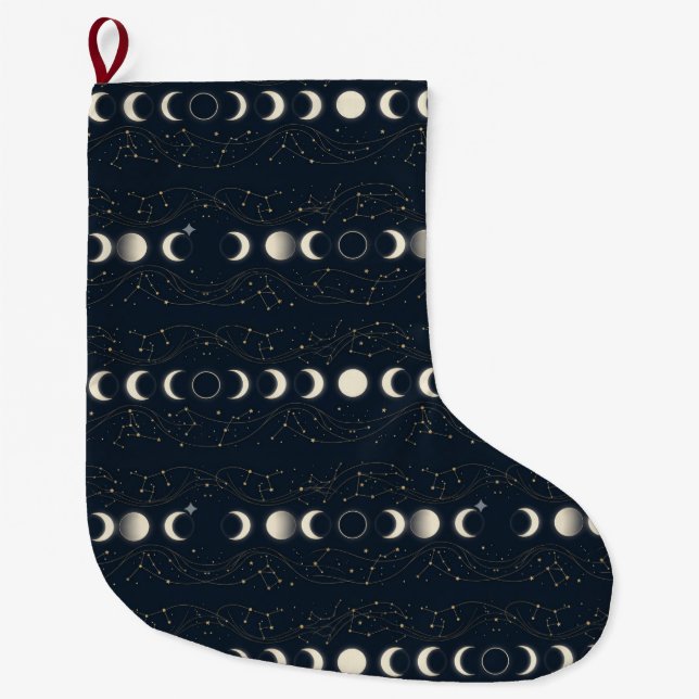 Minimalist Lunar Phases Pattern with Stars and Nig Large Christmas Stocking (Front)