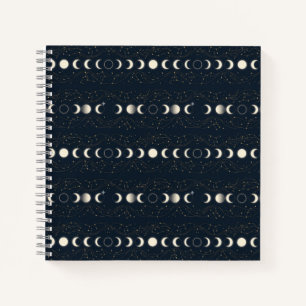 Minimalist Lunar Phases Pattern with Stars and Nig Notebook