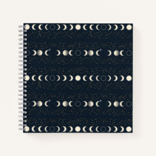 Minimalist Lunar Phases Pattern with Stars and Nig Notebook