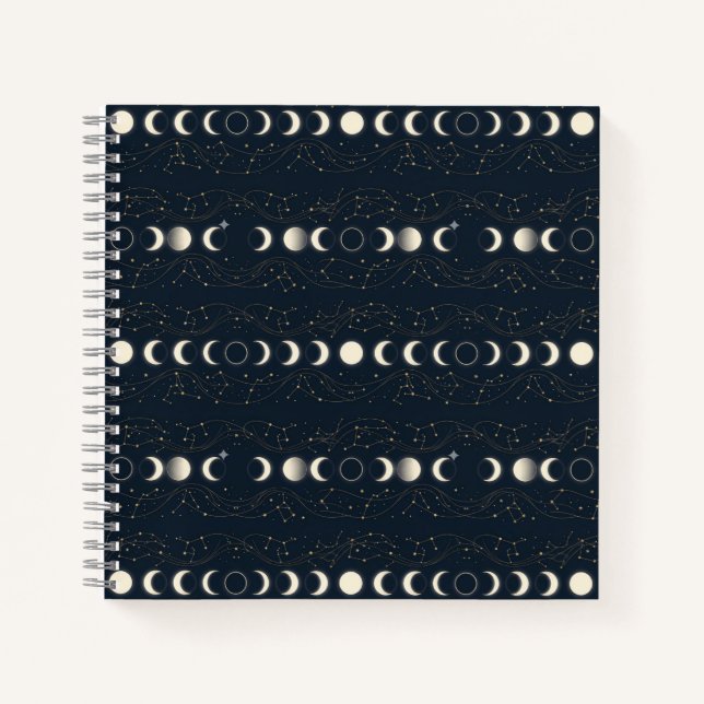 Minimalist Lunar Phases Pattern with Stars and Nig Notebook (Front)