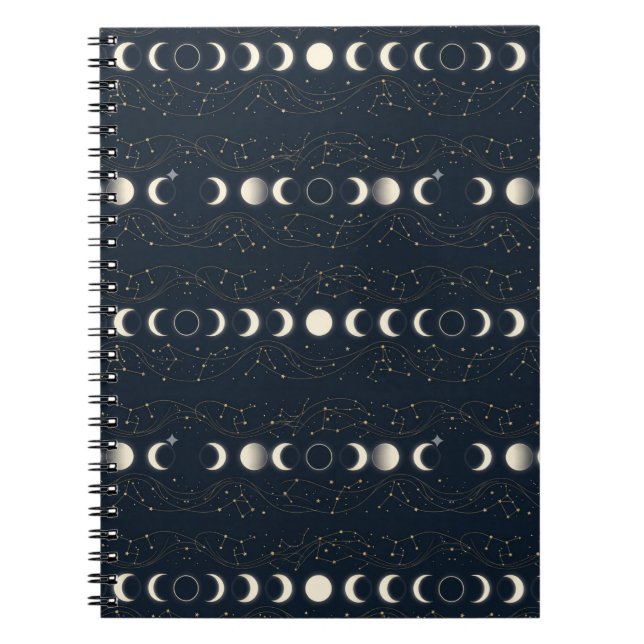 Minimalist Lunar Phases Pattern with Stars and Nig Notebook (Front)