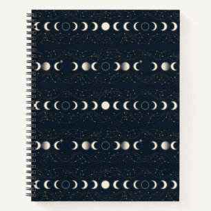 Minimalist Lunar Phases Pattern with Stars and Nig Notebook
