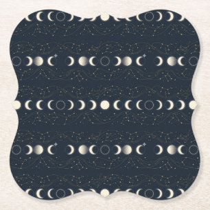 Minimalist Lunar Phases Pattern with Stars and Nig Paper Coaster