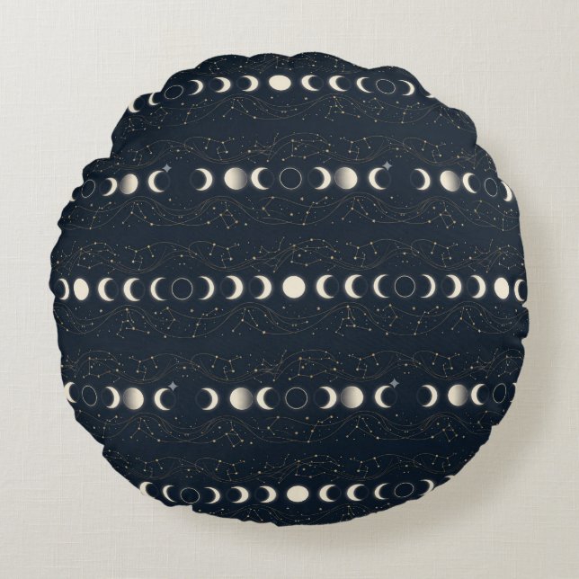 Minimalist Lunar Phases Pattern with Stars and Nig Round Pillow (Front)