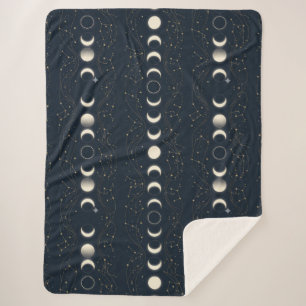 Minimalist Lunar Phases Pattern with Stars and Nig Sherpa Blanket
