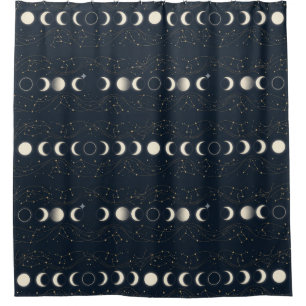 Minimalist Lunar Phases Pattern with Stars and Nig Shower Curtain