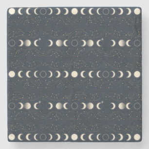 Minimalist Lunar Phases Pattern with Stars and Nig Stone Coaster