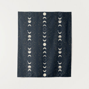 Minimalist Lunar Phases Pattern with Stars and Nig Tapestry