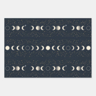 Minimalist Lunar Phases Pattern with Stars and Nig Wrapping Paper Sheets