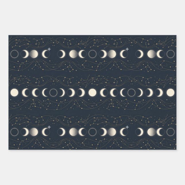 Minimalist Lunar Phases Pattern with Stars and Nig Wrapping Paper Sheets (Front)