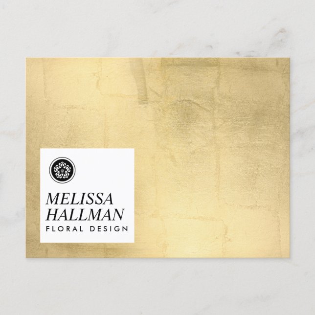 Minimalist Luxe Floral Logo Faux Gold Postcard (Front)