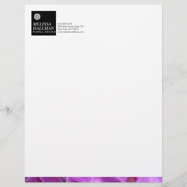 Minimalist Luxe Floral Logo with Purple Orchids Letterhead (Front)