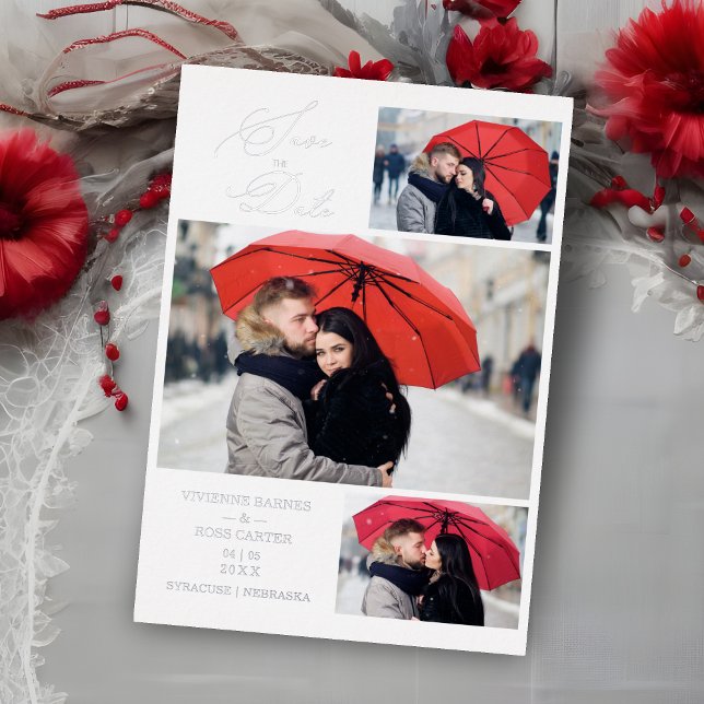 Minimalist Luxury 3 Photos Wedding Silver  Foil Invitation (Wedding Silver Minimalist Luxury 3 Photos Real Foil Save the Date Card with Envelope.)