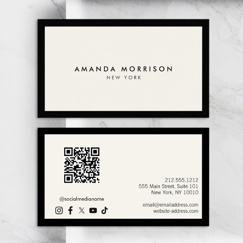 Minimalist Luxury BlackIvory QR Code Social Media Business Card
