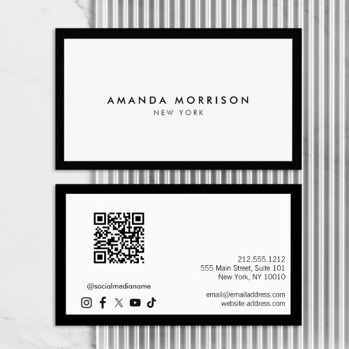 Minimalist Luxury BlackWhite QR Code Social Media Business Card