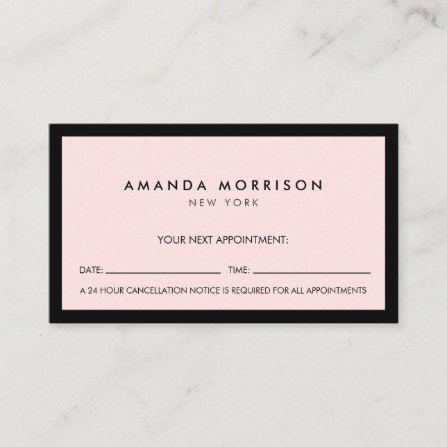 Minimalist Luxury Boutique Black/Pink Appointment Business Card (Front)