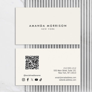 Minimalist Luxury Ivory QR Code Social Media Business Card