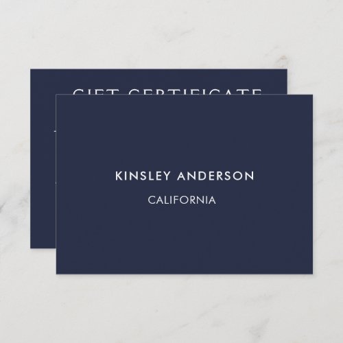 Minimalist Luxury Navy Blue Gift Certificate