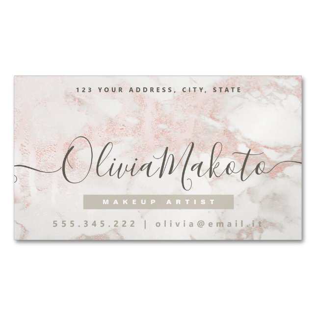 Minimalist Luxury Script Marble Pink Design Business Card Magnet (Front)