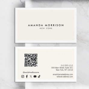 Minimalist Luxury White/Ivory QR Code Social Media Business Card